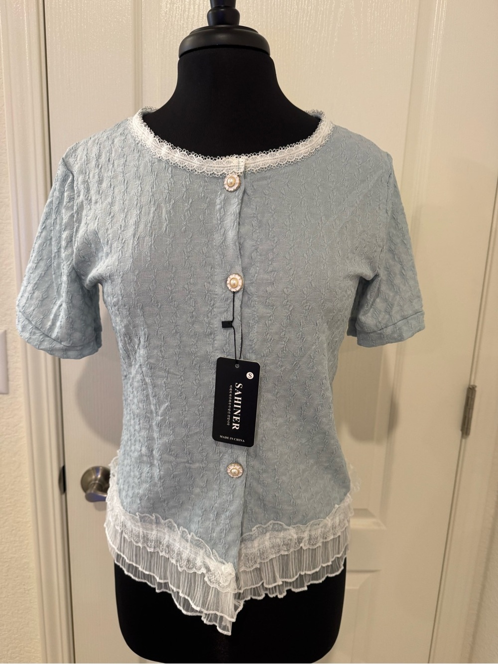 Light Blue Lace-Trim Short Sleeve Top